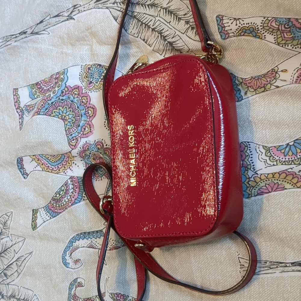 Michael Kors Red Saffiano Leather Jet Set Camera Crossbody Bag